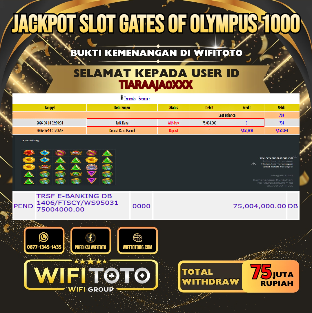 WIFITOTO JACKPOT SLOT GATES OF OLYMPUS 1000 RP.75.000.000.,-LUNAS USER ID : TIARAAJA0***
