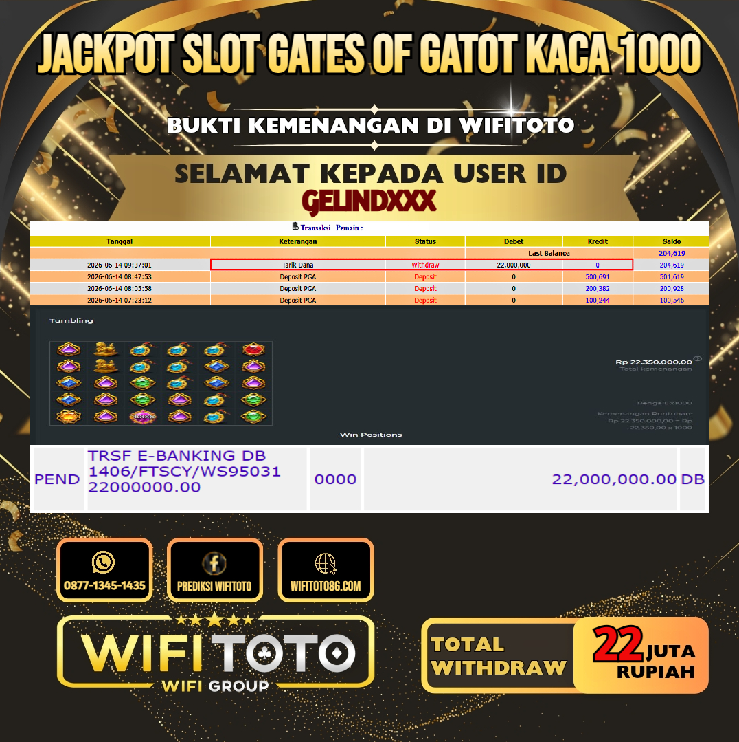 WIFITOTO JACKPOT SLOT GATES OF GATOT KACA 1000 RP.22.000.000.,-LUNAS USER ID : GELIND***