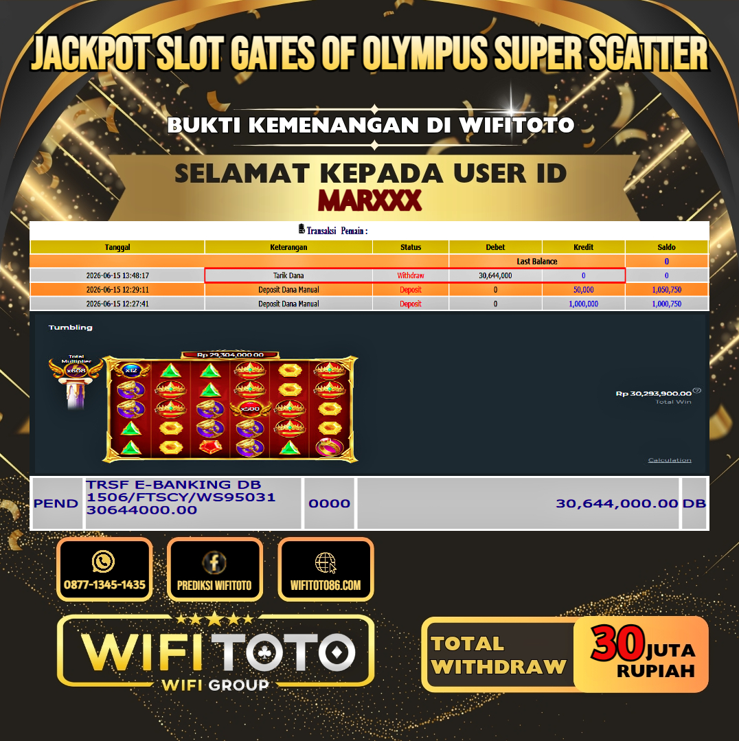 WIFITOTO JACKPOT SLOT GATES OF OLYMPUS SUPER SCATTER RP.30.000.000.,-LUNAS USER ID : MAR***