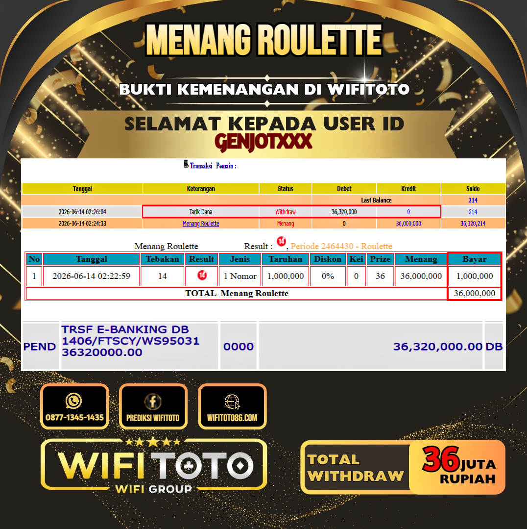 WIFITOTO JACKPOT ROULETTE RP.36.000.000.,-LUNAS USER ID : GENJOT***