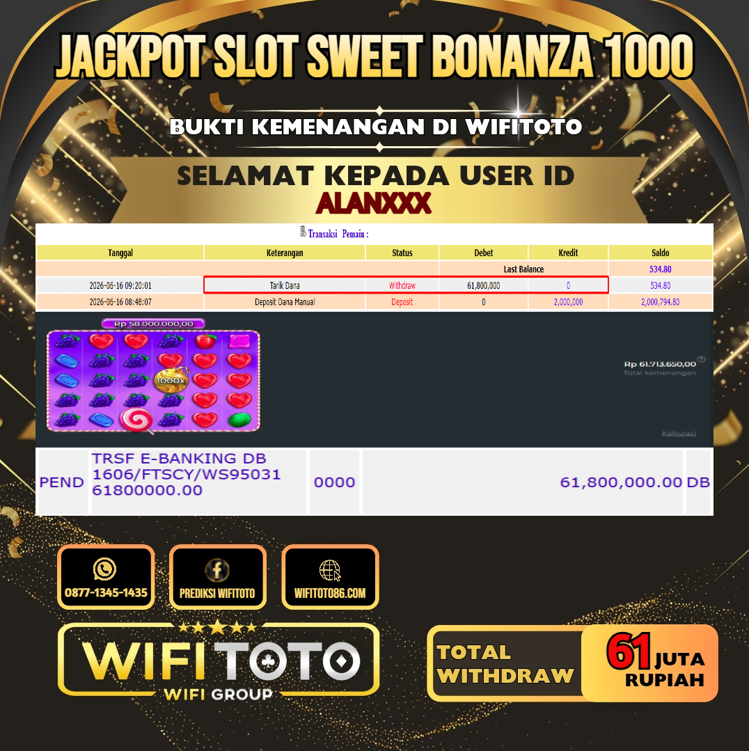 WIFITOTO JACKPOT SLOT SWEET BONANZA 1000 RP.61.000.000.,-LUNAS USER ID : ALAN***