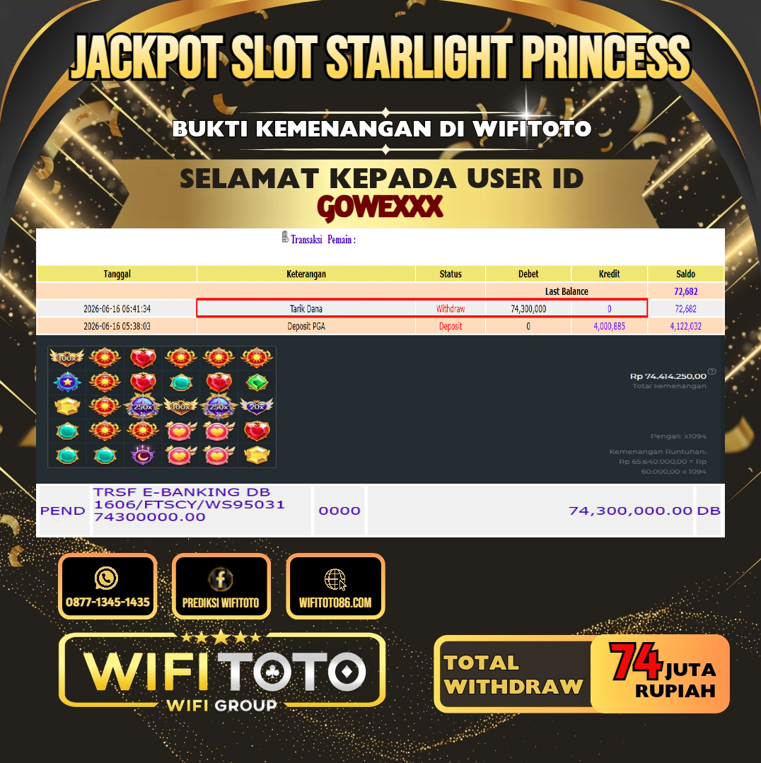 WIFITOTO JACKPOT SLOT STARLIGHT PRINCESS RP.74.000.000.,-LUNAS USER ID : GOWE***