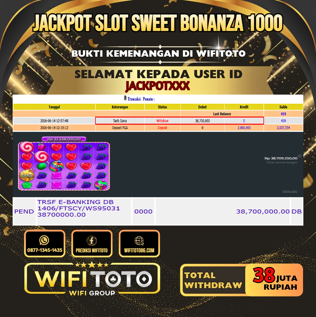 WIFITOTO JACKPOT SLOT SWEET BONANZA 1000 RP.38.000.000.,-LUNAS USER ID : JACKPOT***