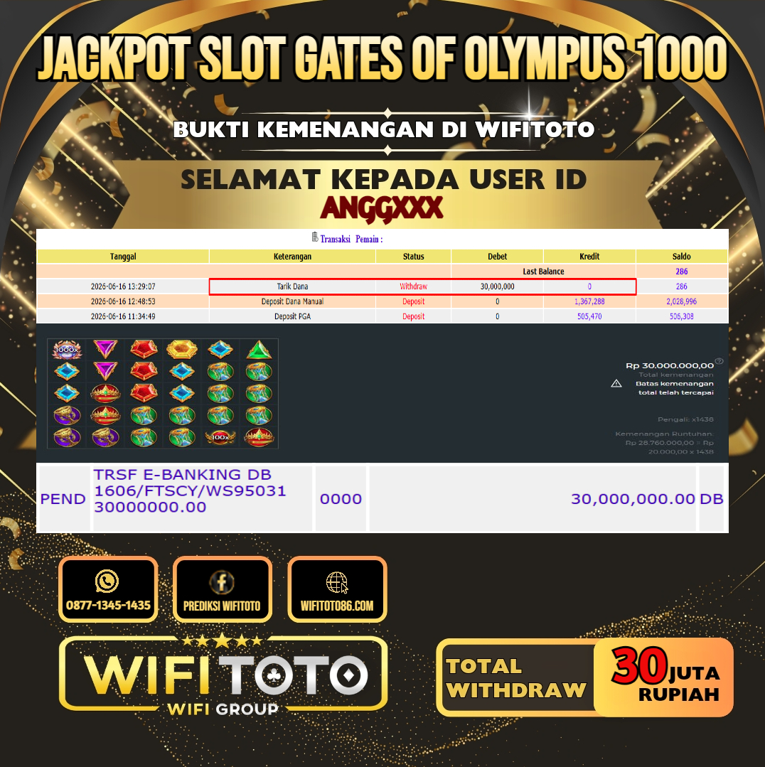 WIFITOTO JACKPOT SLOT GATES OF OLYMPUS 1000 RP.30.000.000.,-LUNAS USER ID : ANGG***